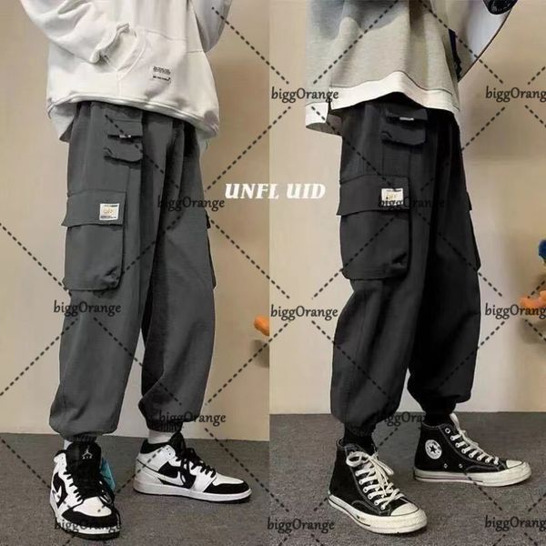 

men's pants y2k harajuku elastic waist fashion overalls men's street hip-hop casual loose straight-leg pants multi-pocket sweatpan, Black