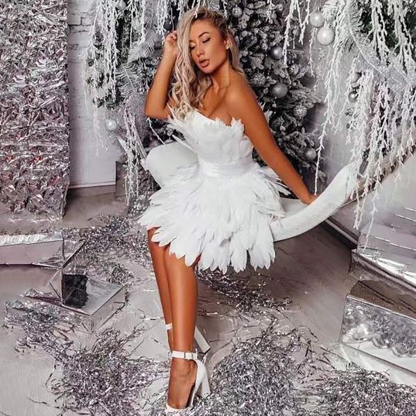 

party dresses myyble strapless off the shoulder sleeveless feather mini length short prom gown 230211, White;black