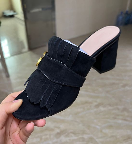 

gold buckle slippers women high chunky heel leather tassel fringe lady slides sandals shoes, Black
