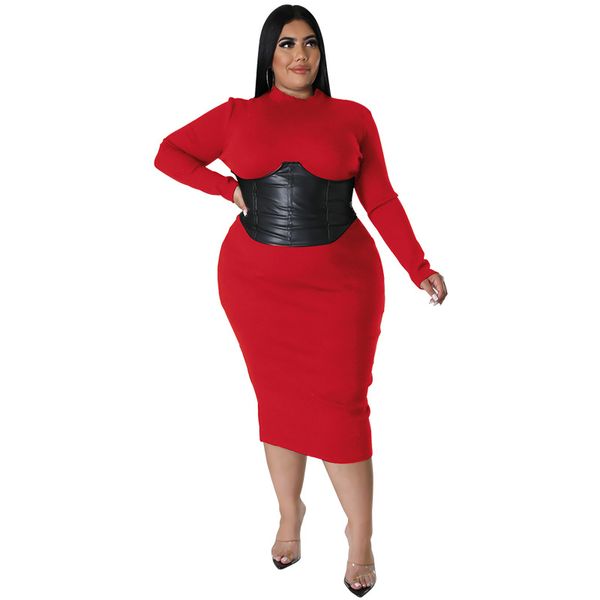 

women plus size dresses casual crew neck long sleeve pu waist belted zip bodycon midi dress club outfits, Black