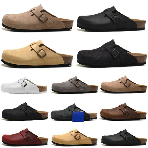 

2023 boston clog men women designer sandals slippers leather head pull cork flats mules woody loafers men women slipper slider sandals brown, Black