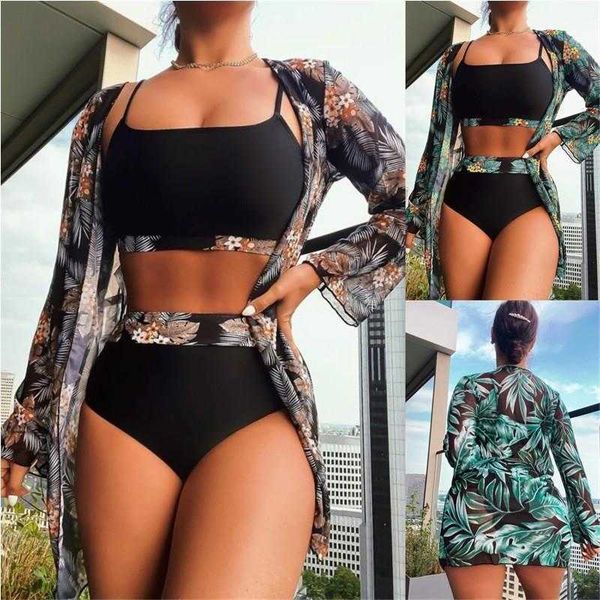 

three piece set swimsuit wrapped chest gathered high waist bikini, White;black