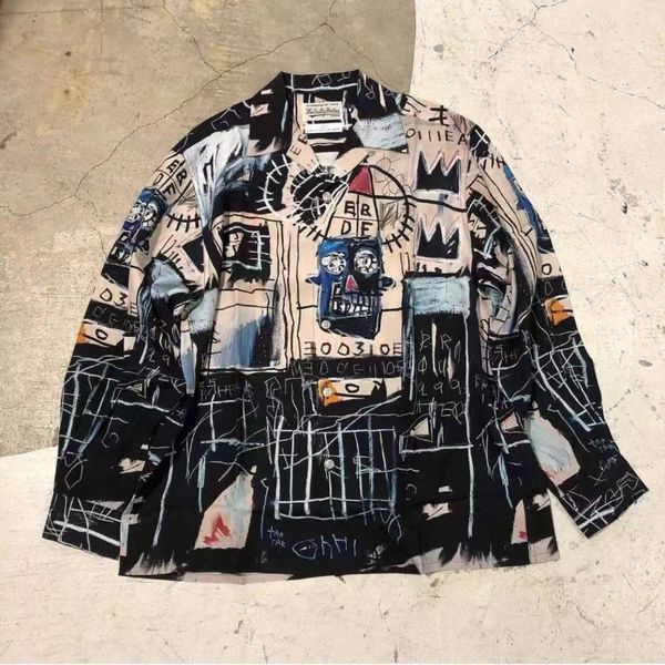 

men's casual shirts fashion wacko maria long sleeve shirt graffiti hip hop hawaiian women men 230211, White;black
