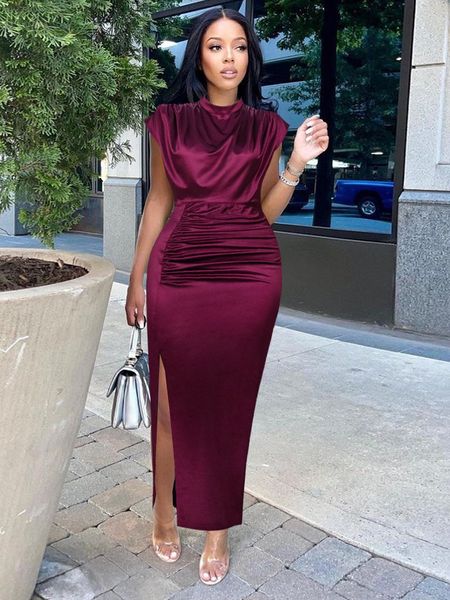 

party dresses women dress pleated long wine red elegant slit high collar slim fit sleeveless maxi robes female shiny gowns spring 230211, White;black