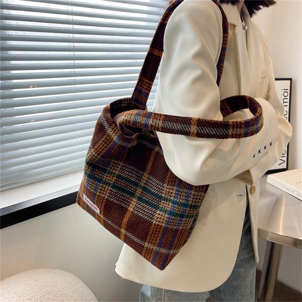 

evening bags tote women's bag large capacity autumn winter soft plaid ladies travel designer handbag shoulder wool shopper for women 23