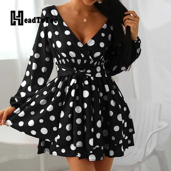 

party dresses dot print lace up bandeau sashes dip hem sweet fashion party dresses for women full sleeve v neck a-line above knee woman dres, White;black