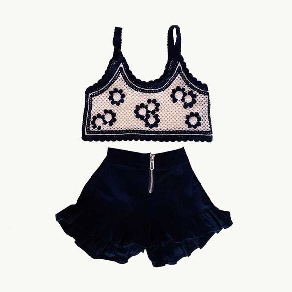 

clothing sets summer new vintage crochet with knitted girls sweater vest hollow out suspender short children's suit baby girl clothes, White