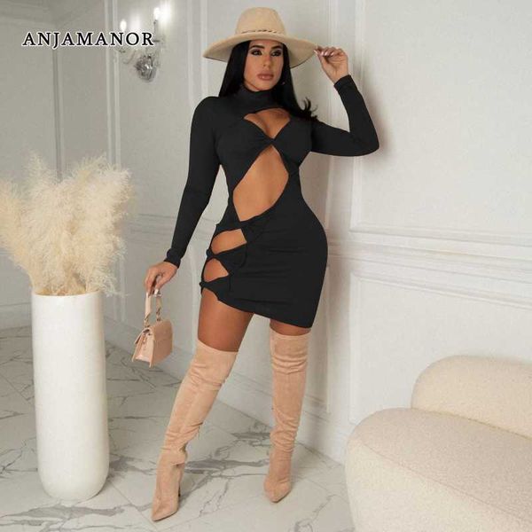 

casual dresses anjamanor irregular hollow out long sleeve bodycon dress club outfits for women red black rib knit mini dresses d6-cb29 t2302, Black;gray