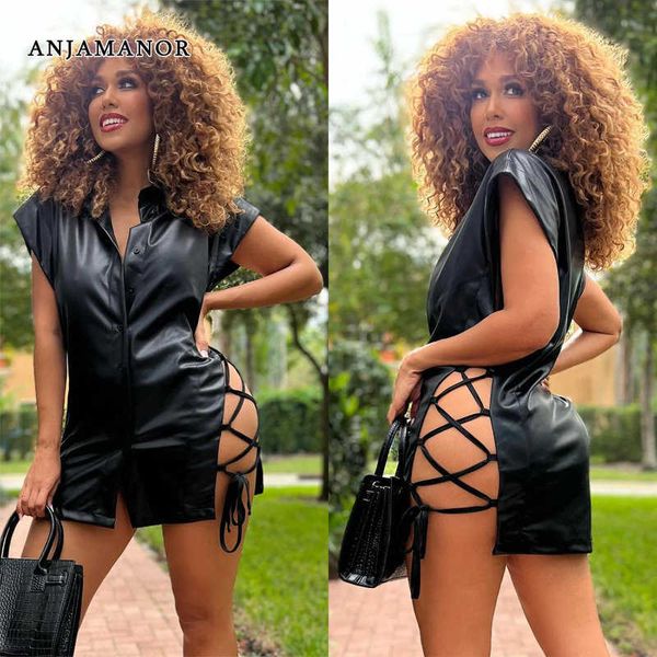 

casual dresses anjamanor side cut out lace up bandage mini dresses club outfits for women pu leather button up shirt dress d42-dh26 t230210, Black;gray