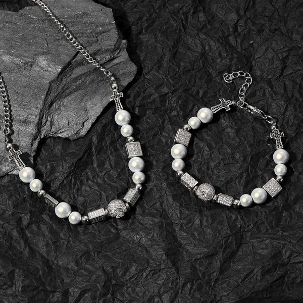 

zhang yixing's same square letter copper inlaid zircon hip hop men's bracelet stainless steel reflective pearl necklace, Silver