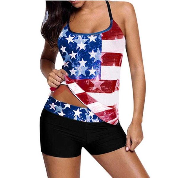 

split tangini tankini swimsuit slim strap flag printed for women, White;black