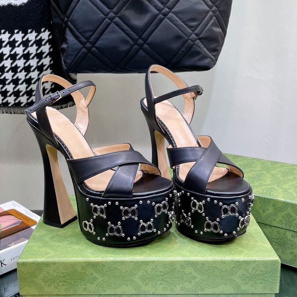 

janaya leather g stud-detailed platform sandals chunky high heels ankle strap open toe heeled block heel sandal luxury designer shoes for wo, Black
