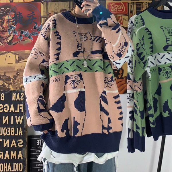 

men's sweaters 2023 harajuku knitted clothing winter pullover fashion clothes hip hop warm cartoon cat 230210, White;black