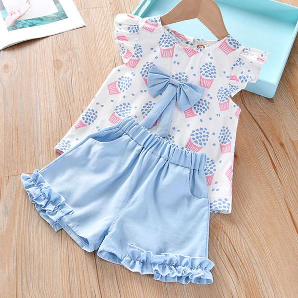

children's sweet pattern clothes suits kids casual clothing sets new fashion girls baby cute bow vest and shorts outfits pcs, White