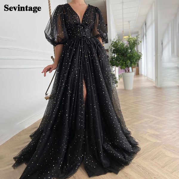 

party dresses sevintage black starry tulle prom half puff sleeves wedding pleats split sweep train long gowns belt 230211, White;black
