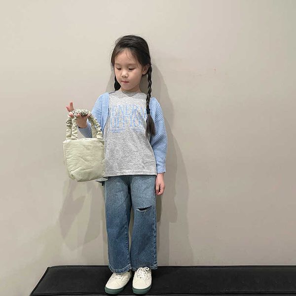 

clothing sets korean children clothing spring new casual letters short sleeve tshirt joker knit blouse denim wideleg pants set of three, White