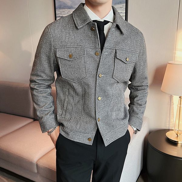 

men's wool blends autumn winter woolen coat fashion short houndstooth slim jackets men casual business social trench streetwears 230210, Black