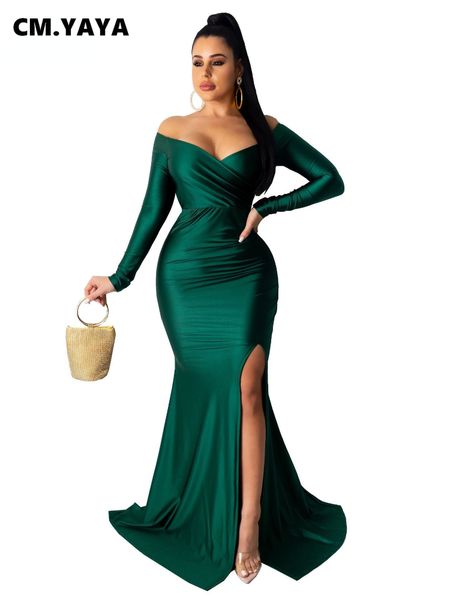 

party dresses cm.yaya autumn winter women off shoulder plunging v-neck high side split mermaid maxi dress night club long 230211, White;black