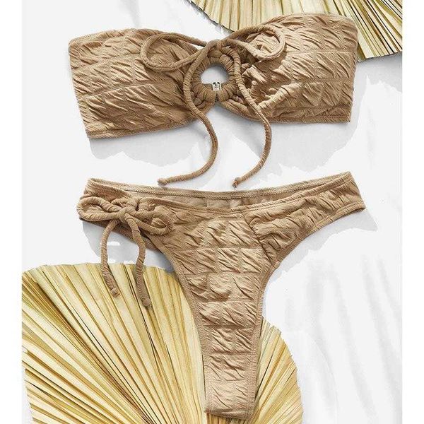 

solid color fabric swimsuit lacing tube split high waist bikini, White;black