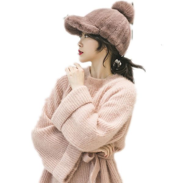 

ball caps fall winter warm real mink fur baseball cap women ladies fashion outdoor hat with pompom 230211, Blue;gray