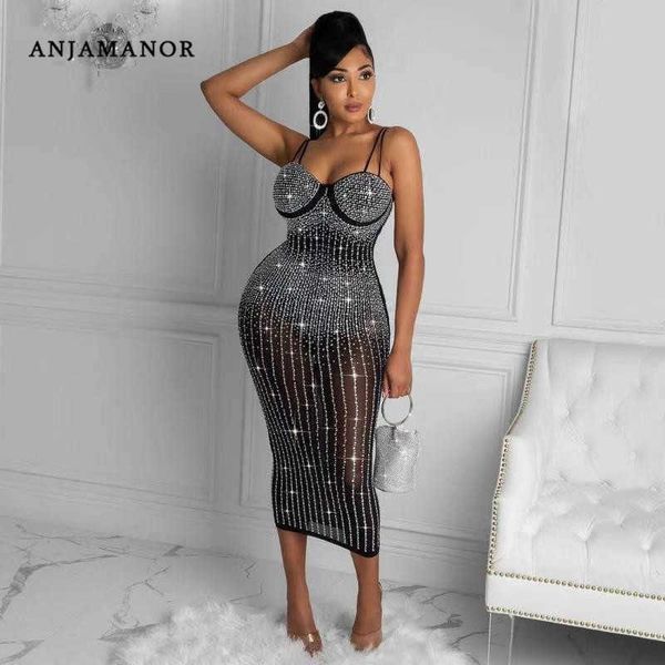 

casual dresses anjamanor sparkle diamonds party dresses for womens clubwear elegant mesh bodycon long dress black nude d35-fi41 t230210, Black;gray