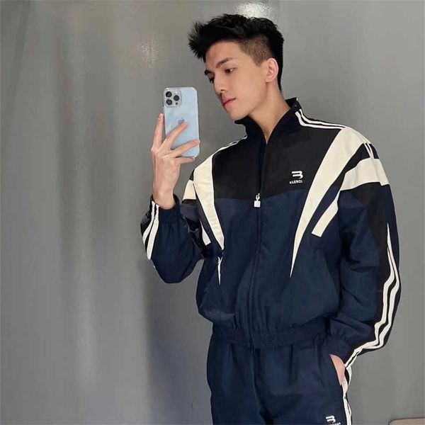 

men's tracksuits early autumn home b logo embroidery stitching contrast zipper sports jacket set sjyh, Gray