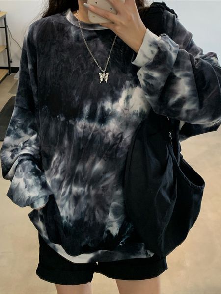 

women s t shirt 2023 harajuku tie dye oversized tee japanese streetwear loose t o neck long sleeve vintage aesthetic grunge 230211, White