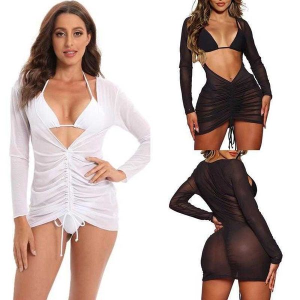 

three piece set swimsuit solid color triangle mesh outerwear bikini, White;black