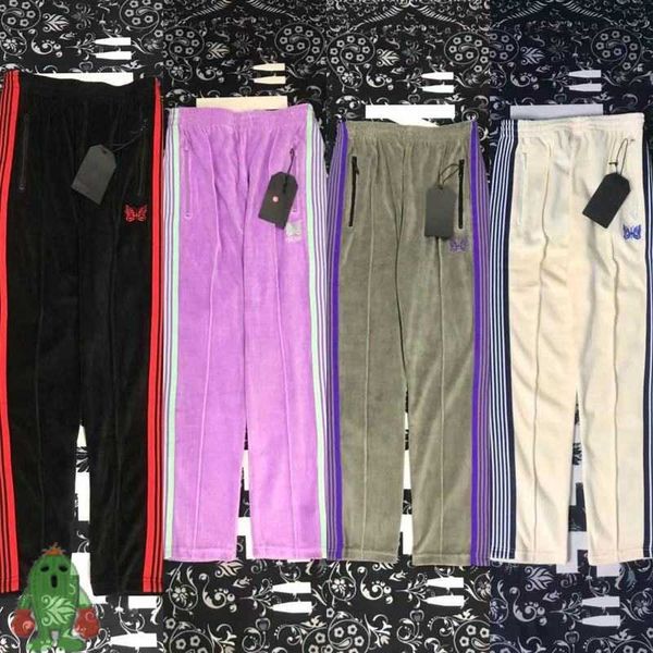 

men's pants needles velvet butterfly black trousers straight leg ge red webbing striped sweatpants