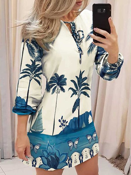 

party dresses tropical print tie front long sleeve dress t230210, White;black
