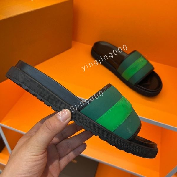 

2023 designers slippers calfskin men sandals sandal hook loop fastener mules slipper rubber slides, Black