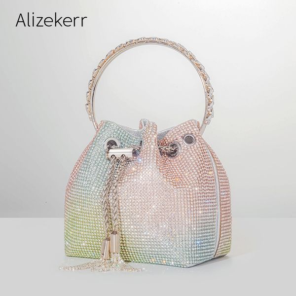 

evening bags color diamonds tassel clutch women metal handle shiny crystal bucket purses chain shoulder trending 230210