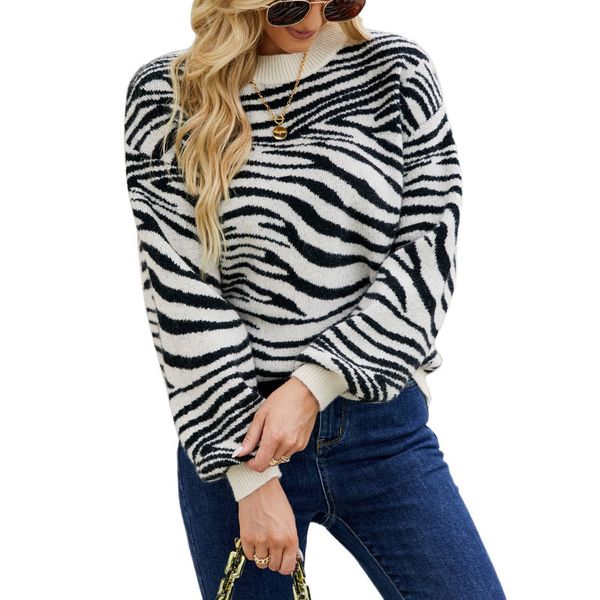 

crew neck pullover women's sweaters lady tiger skin pattern knitted blouse with loose lantern long sleeves rib stiches cuff button aut, White;black