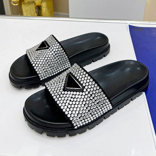 

womens platform slippers flat heels full strass sandals beach shoes designer mules sliders flip flops beach shoes outdoor casual shoe classi, Black