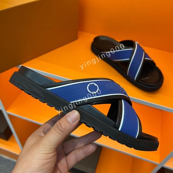 

2023 designers slippers calfskin men sandals sandal hook loop fastener mules slipper rubber slides zm220703, Black