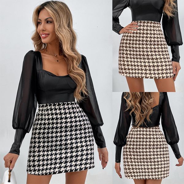 

skirts fashion high waist houndstooth a-line skirt women casual vintage plaid mini dress lady korean temperament slim female hip skirts 2302, Black