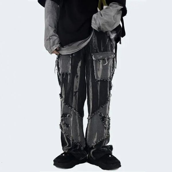 

men's jeans vintage frayed wide-leg men woman distressed patchwork punk baggy straight denim trousers hiphop street couple black pants, Blue