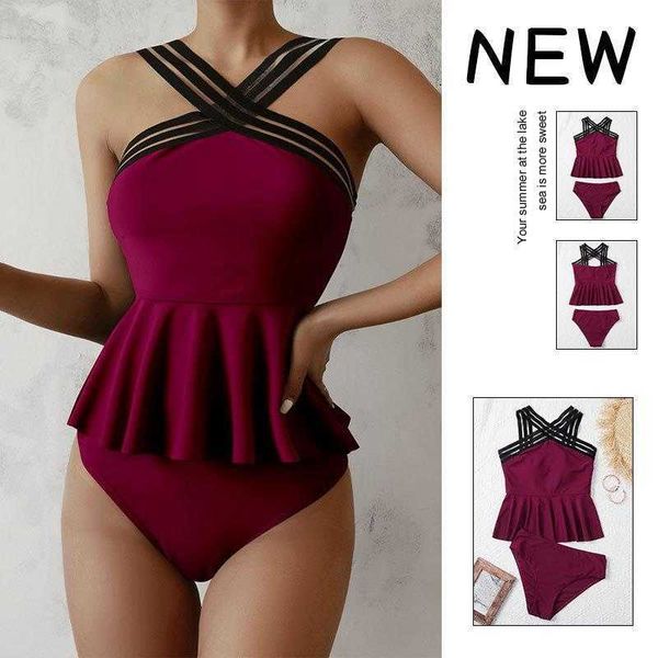 

two piece swimsuit womens cross solid color off the shoulder strap, White;black