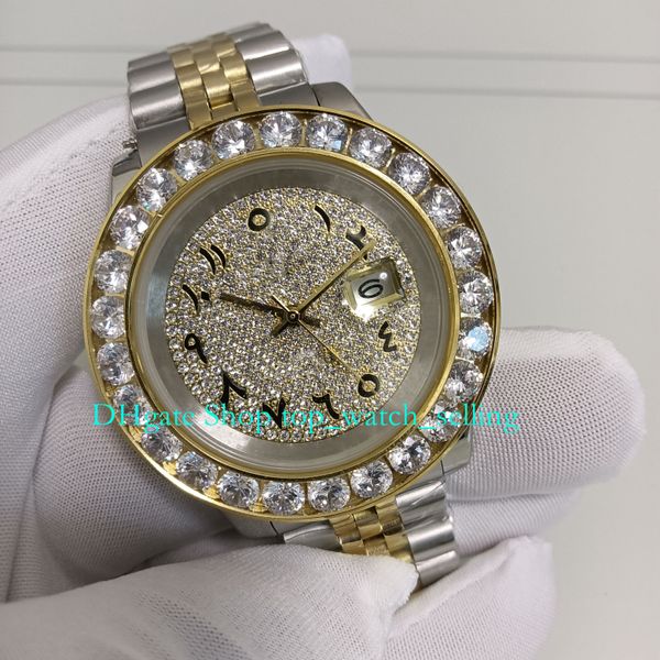 

watch of men with box 43mm big diamond bezel arabic roman dial date yellow gold bracelet mens automatic asia 2813 movement mechanical watche, Slivery;black