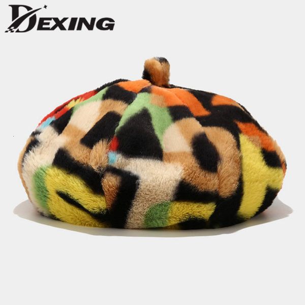 

beanieskull caps autumn winter rabbit fur beret french hat fashion graffiti rainbow letter octagonal lady girls warm s for women 230211, Blue;gray