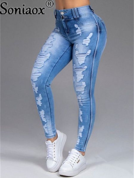 

women's jeans women pants high stretch jeans high waist skinny ripped vintage hole slim large full length distressed trousers 230211, Blue