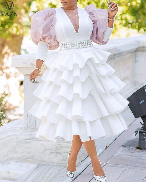 

party dresses vazn women high street style long dress long sleeve round neck dress pure color lace appliques mid long dress 230211, White;black