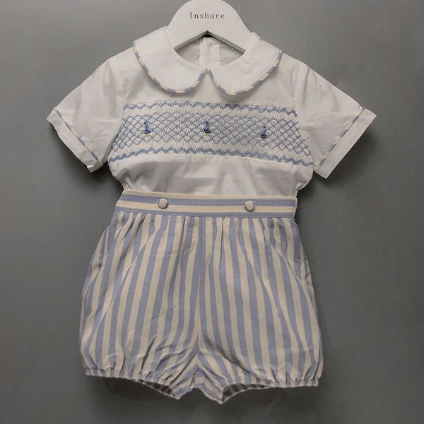 

sets children boutique clothing boy handmade smocked embroidered set stripe cotton short sleeves babi birthday eid dress christening, White