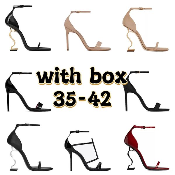 

classic designer sandals opyum high heels women open-toe stilettos classic metal letter sandals fashion modeling shoelace box dust bag size, Black