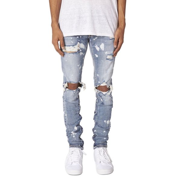 

men's jeans ripped paint distressed button fly zipper leg hip hop high street skinny denim 230210, Blue