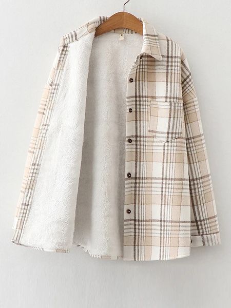 

women's blouses shirts women velvet thicken plaid autumn winter warm casual loose single breasted vintage long sleeve pocket 230211, White