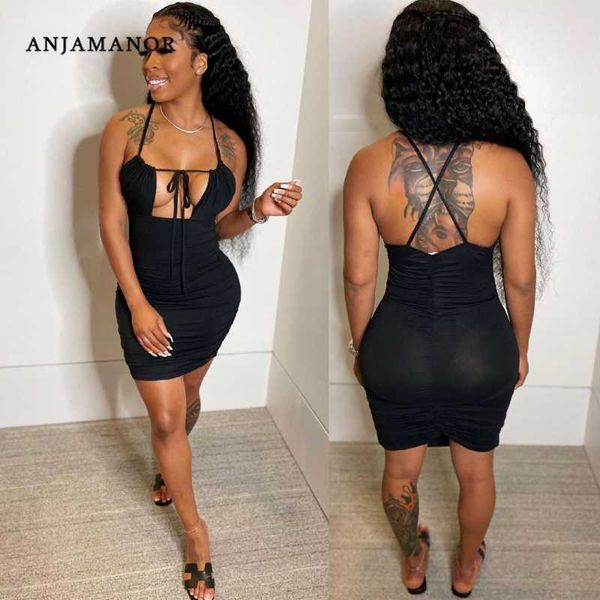 

casual dresses anjamanor solid color hollow out backless bodycon mini dresses for women new 2021 club wear wholesale items d58-bg17 t230210, Black;gray