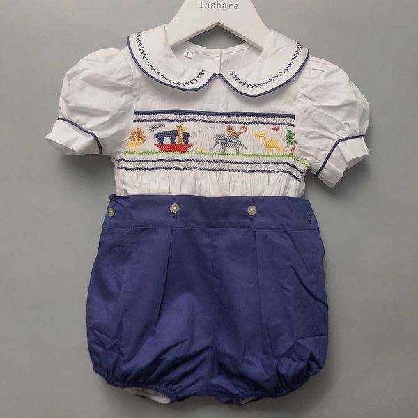 

sets children boutique clothing babi handmade smocked cute animals embroidered set cotton puff sleeves christening birthday for my, White