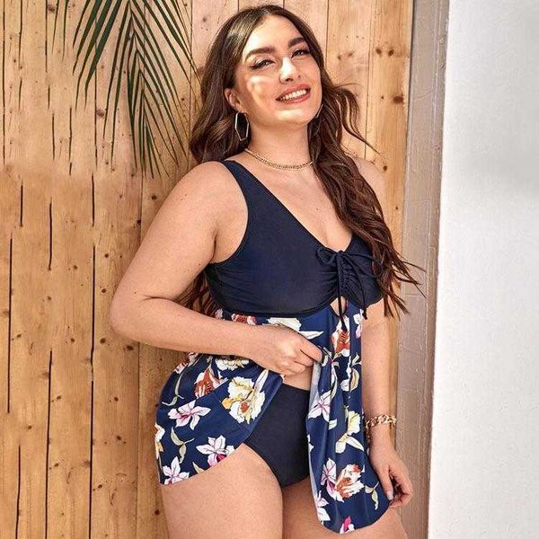 

plus size skirt split swimsuit digital printing drawstring push up, White;black