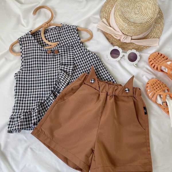 

clothing sets girls suit summer new children lace plaid sleeveless vest casual shorts twopiece set girl christmas outfit, White